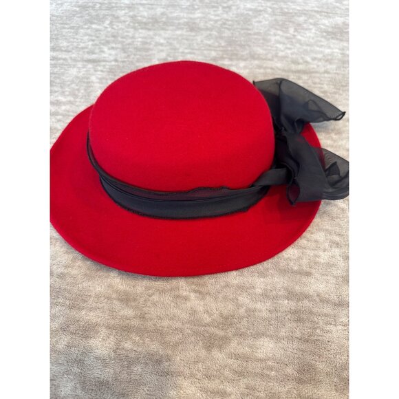 Vintage Red Wool Felt Hat Black Sheer Ribbon Bow XS Made in USA - Picture 4 of 8